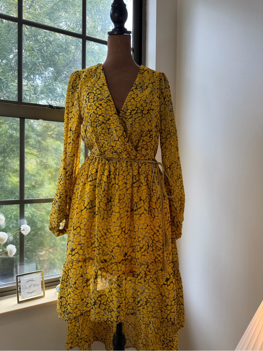Papaya Yellow Floral Wrap Dress with Long Sleeves